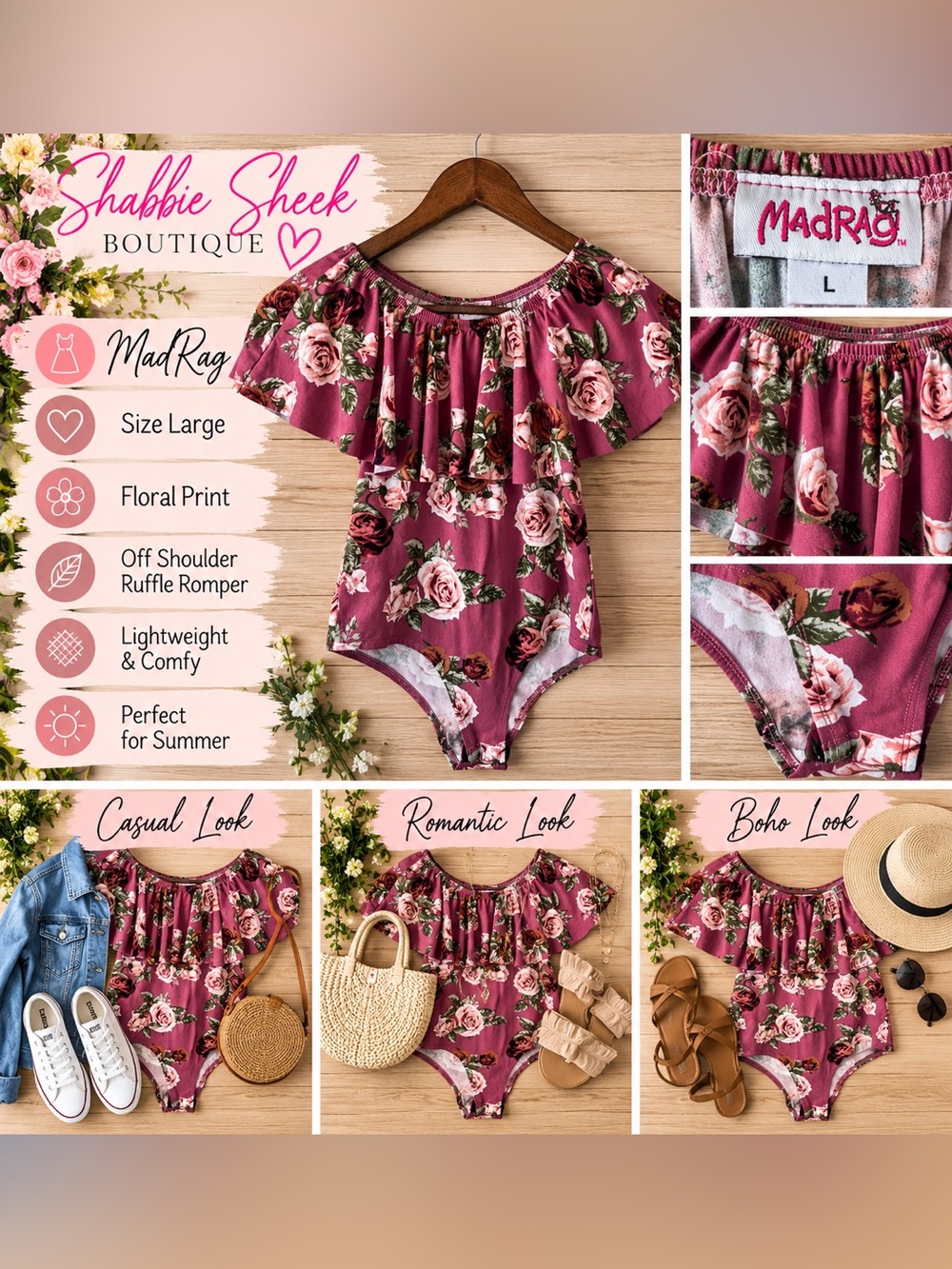 MadRag Floral Print Off-Shoulder Ruffle Bodysuit Floral Romper Pink & Green Size